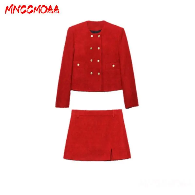 MNCCMOAA-Women\'s Double-Breasted Pockets Jacket Coat and High Waist Skirts Set, Casual, Female Fashion, Autumn, Winter, 2024