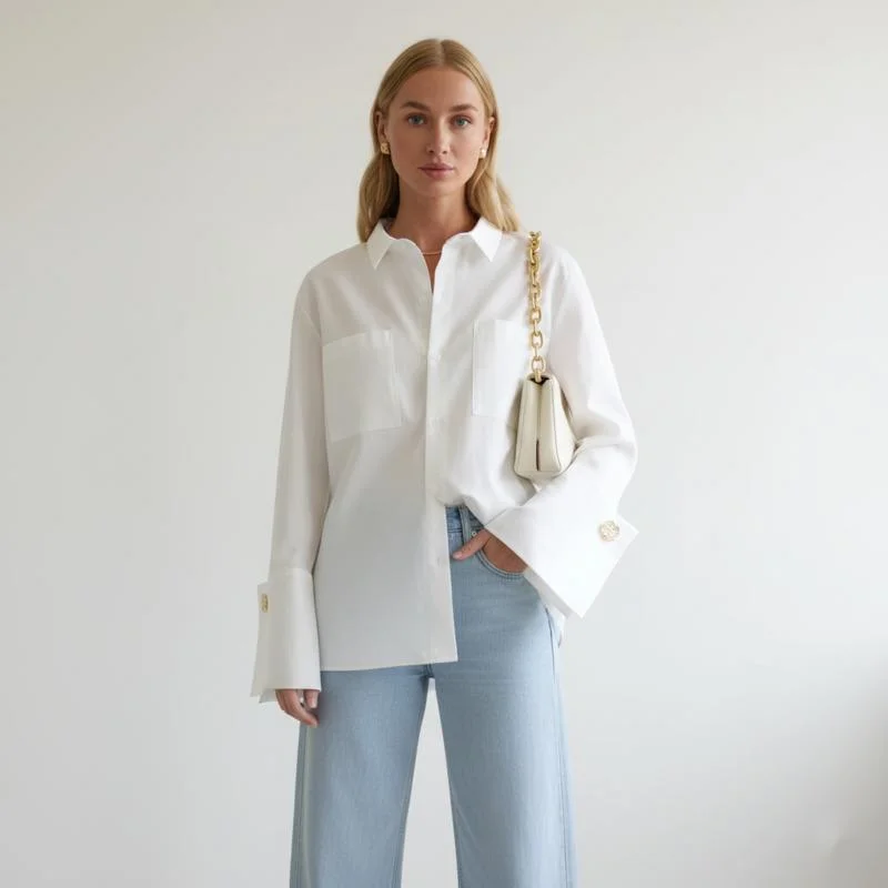 

Elegant White Women’s Blouse Long Sleeve Lapel Office Shirt With Pockets Casual Classic Top For Women Stylish Female Clothing