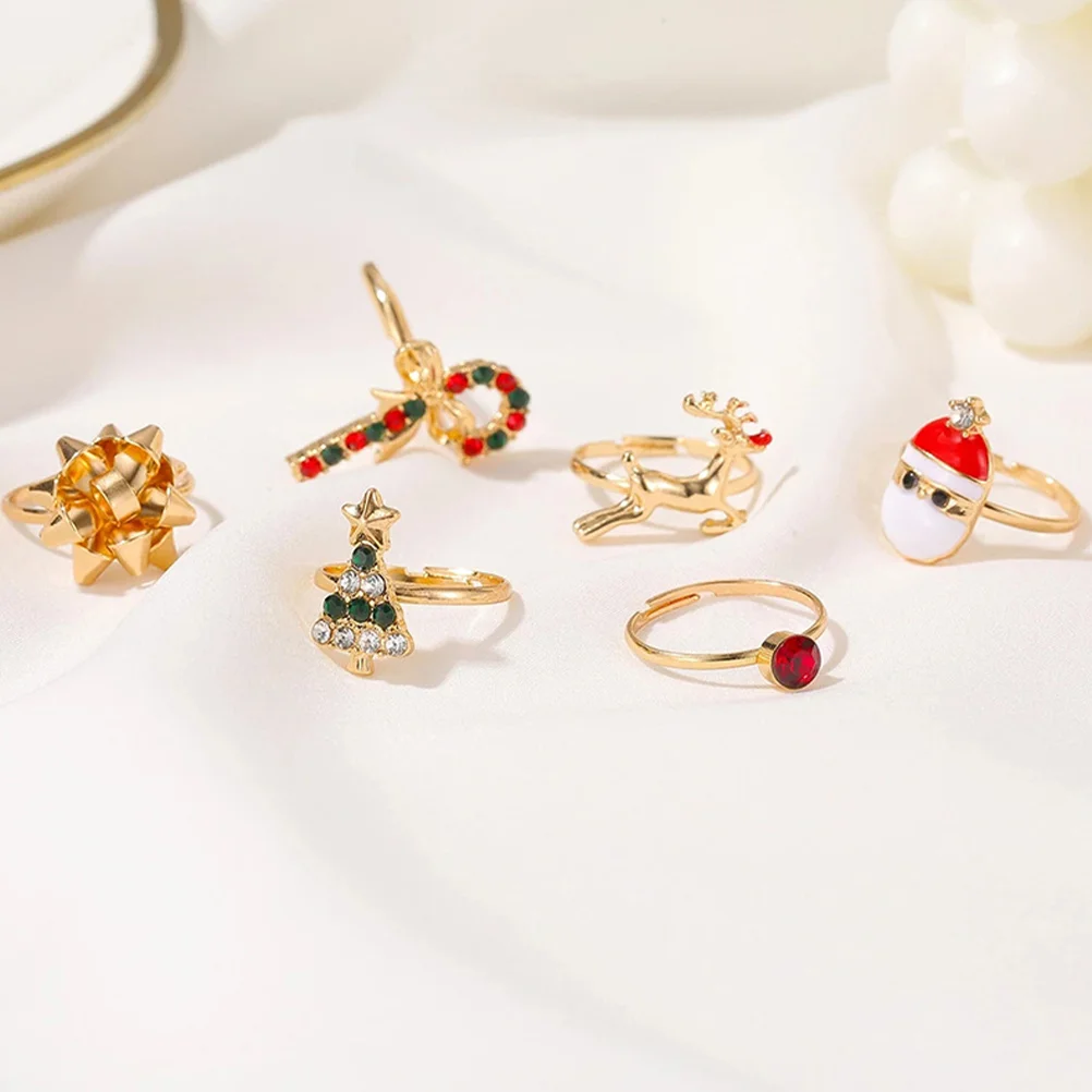 6 Pcs Christmas Tree Elk Ring Set Child Rings for Women Alloy Adjustable Finger