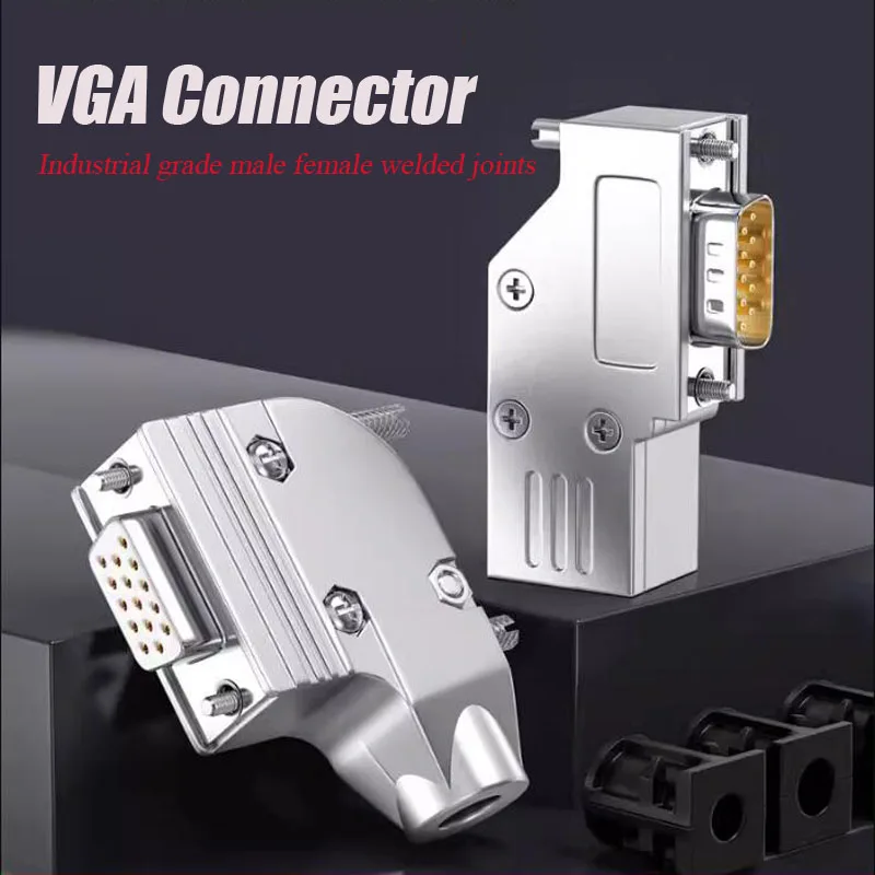

VGA Soldering Connector 3 Rows 15Pin Head Joint 90 Degree Shell Display Plugs Industrial Grade HDB15 Male Female Connectors