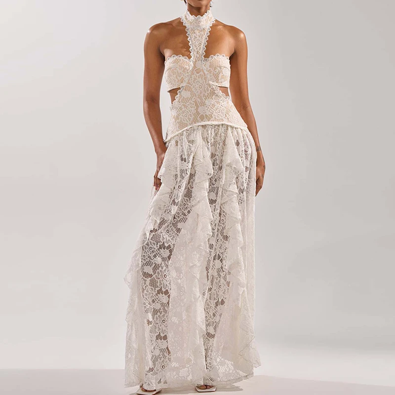 

Роскошное женское вечернее платье макси без рукавов с вырезом халтер, кружевной вышивкой, однотонное, с завышенной талией, плиссированное, для банкетов