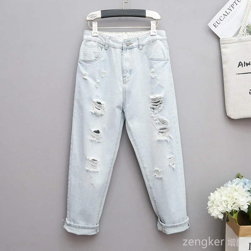 Summer Men Extra Large Damaged Jeans Women\'s Loose Slim Harlan Pants Back Elastic Waist 100kg 5xl ripped jeans for women