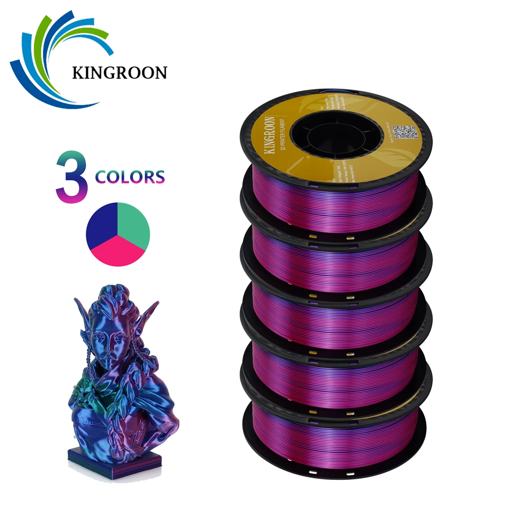 KINGROON 5KG Tricolor Silk PLA Filament 3 in 1 Multi-color 3D Printer Filaments PLA Three-Color Coextrusion, 5 Spool