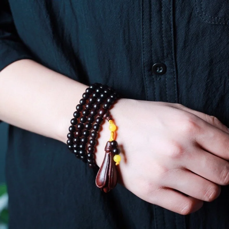 

African small-leaf rosewood 6mm 108 beads with magnolia flower pendant, unisex Buddhist bead bracelet