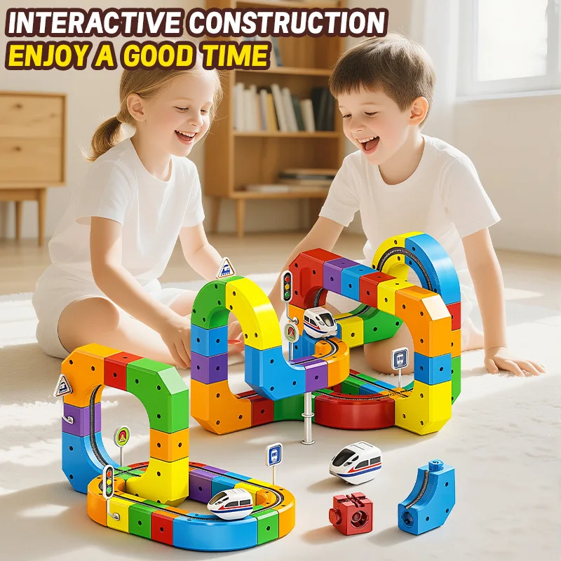 

New Track Electric Train Set DIY STEM Building Blocks Cube Toy Flexible Anti Gravity Car Race Tracks Birthday Gift