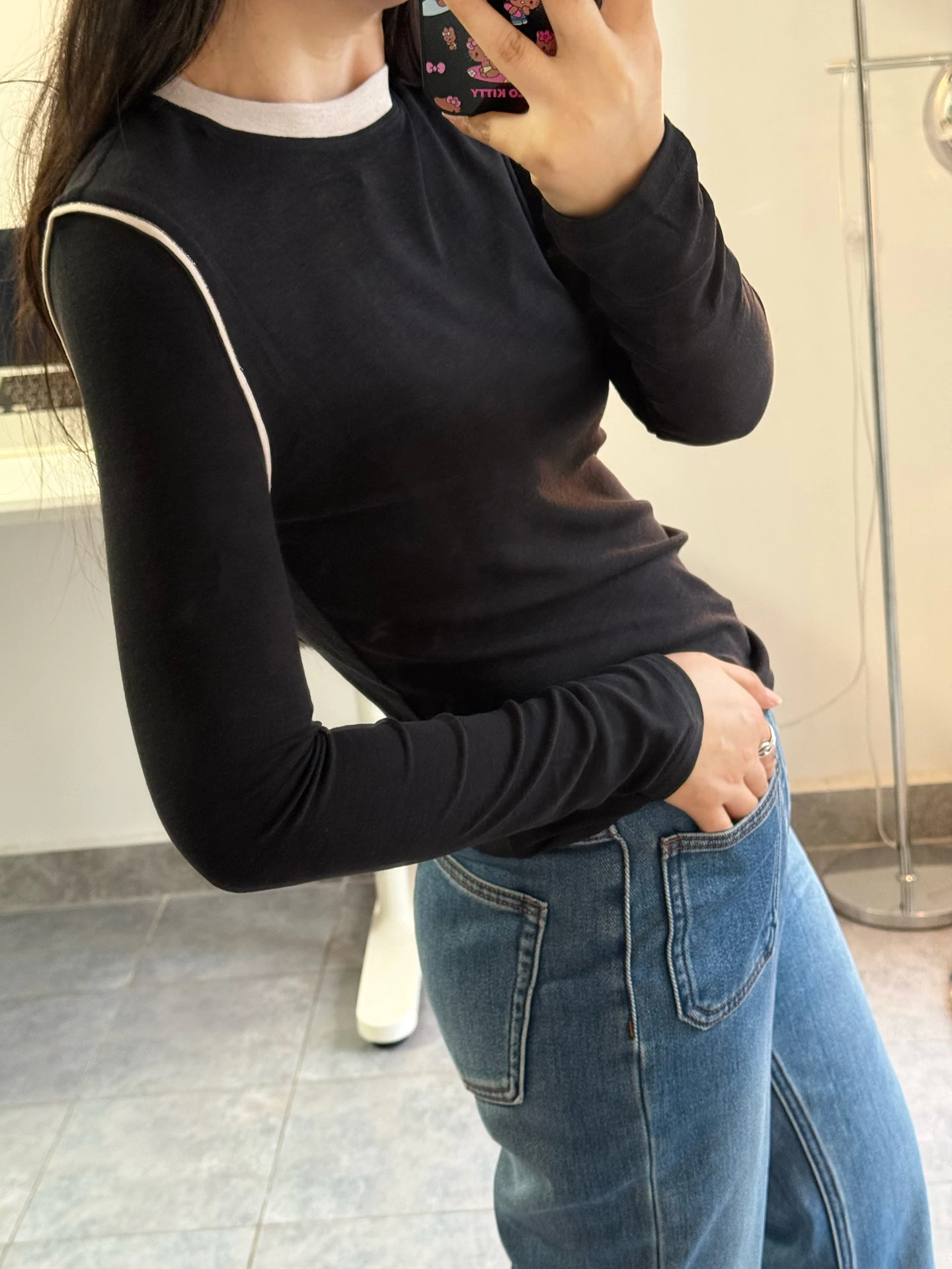 

Thiened Lambs Wool T-irt Women's Color Blo round Ne Long Sve Anti-static Comfortable Breathable Soft Sweat Absorbent