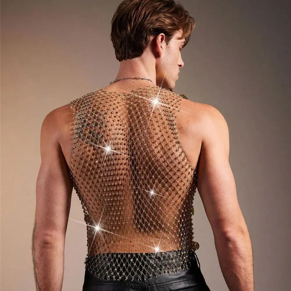Nightclub Party Diamond Sequin Sheer Fishnet Tank Top For Men Sexy Cutout Design Elegant Sparkle Rhinestone-Embellished Top