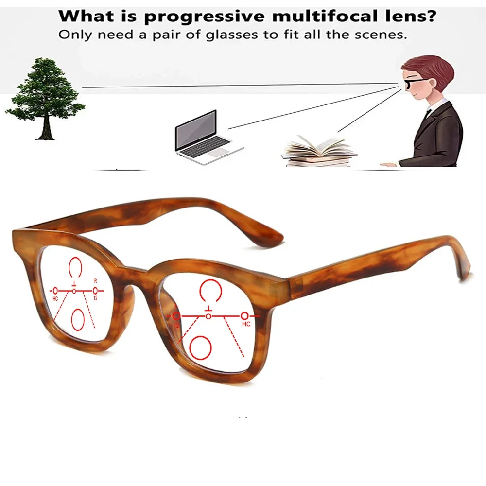 Square Frame Simple Style Handcrafted Brown Color Fashion Progressive Multi-focal Reading Glasses +0.75 To +4