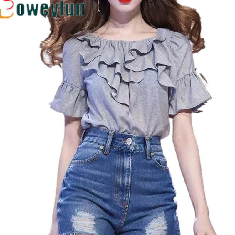 

Boweylun New Korean Ruffled Round Neck Casual Short-sleeved T-shirt Ruffled Sleeves Solid Color Tops Girls Summer