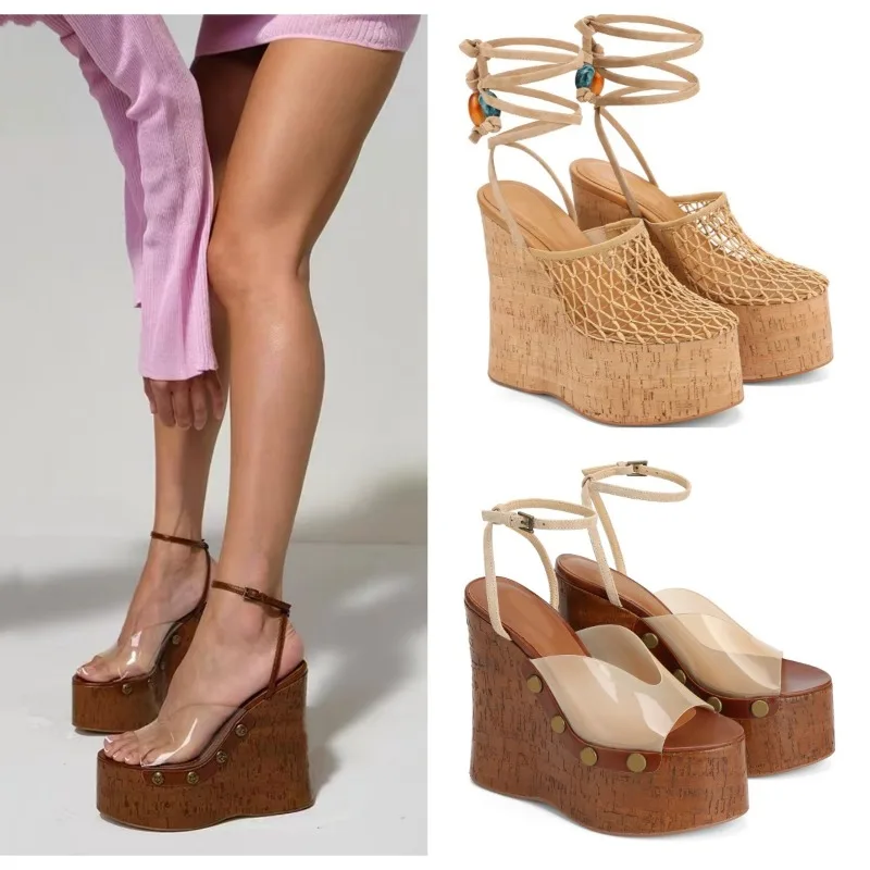 

European AndAmerican GoldCode Versatile WoodGrain SlopeHeel ThickBottom FishingNet CrossStrap SandalsWomen's BanquetSkirts Shoes