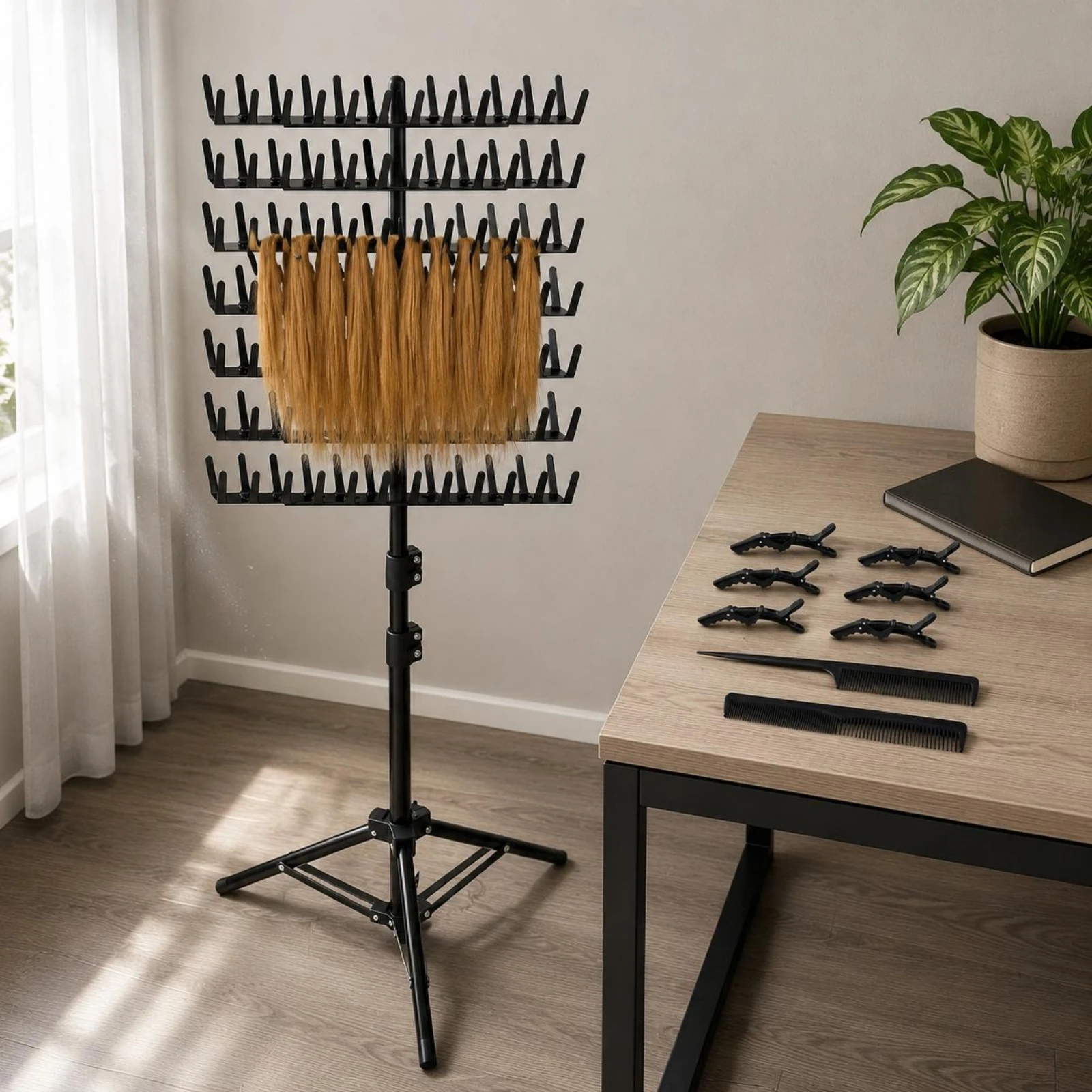 Telescopic Braiding Rack Adjustable Clamp Tripod Braiding Stand Hair Extension Organizer Rack Section Clips for Salon