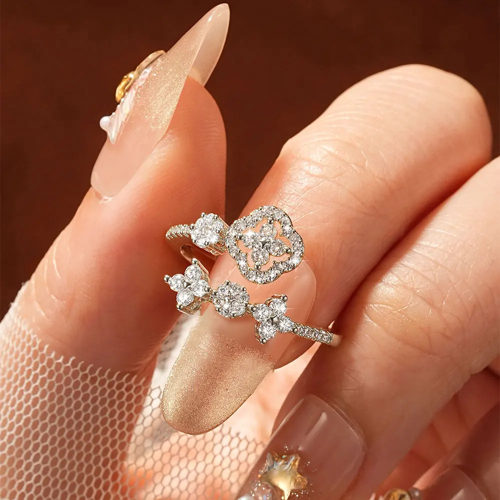 Lnkry 14 Karat Gold gefüllter verstellbarer Ring für Damen, exquisiter zertifizierter runder Moissanit-Ring mit vier Blättern, Blumenring, Schmuck, Geschenk – Detail 10