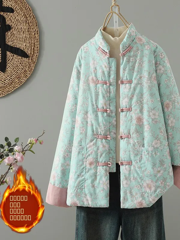 

Женское свободное повседневное хлопковое пальто с цветочным принтом Thiened, хлопковое пальто на пуговицах в стиле ретро, осенне-зимняя новая теплая верхняя одежда