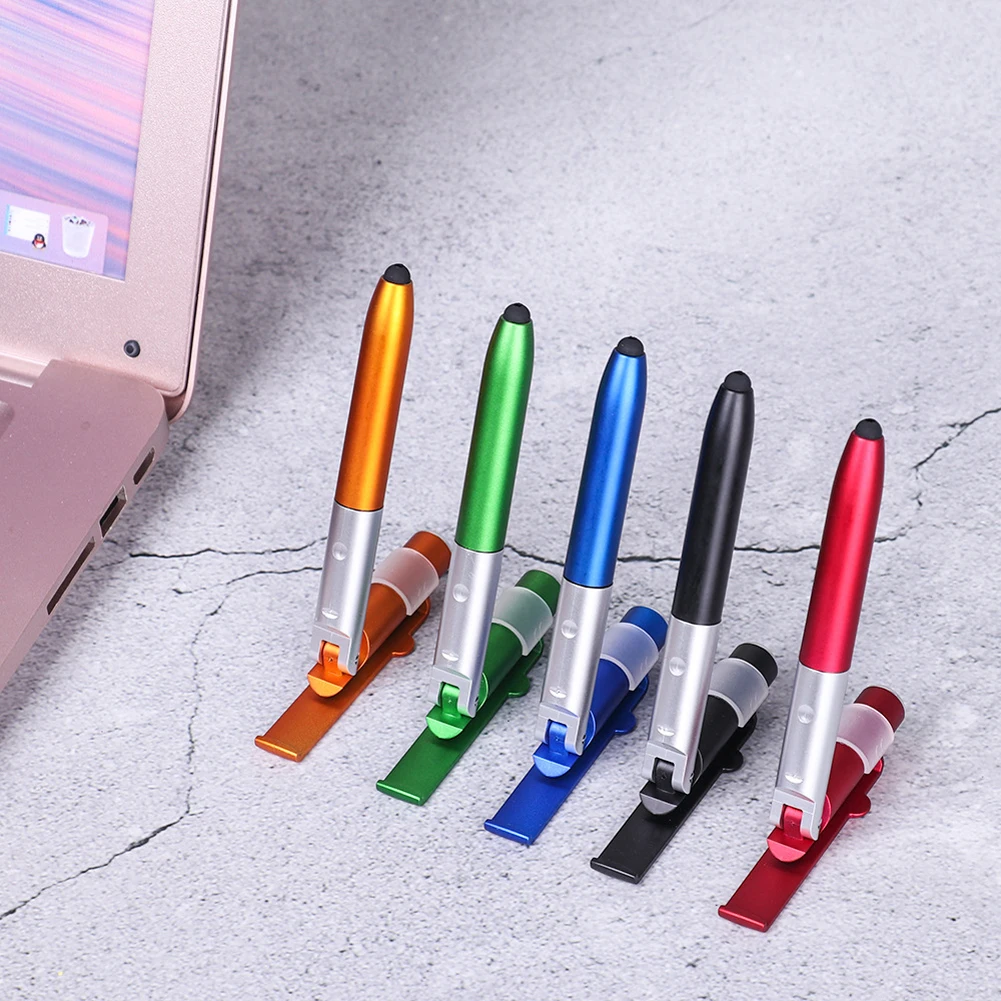 

4 In 1 Night Read Writing Pencil with LED Light Folding Phone Holder Stylus Pen for Touch Screen Devices Black Ink Ballpoint Pen
