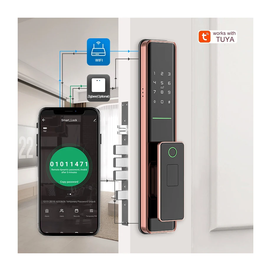 باب ذكي واي فاي سحب تلقائي مع مفتاح بصمة كلمة المرور Cerradura Inteligente لباب الألومنيوم الصلب