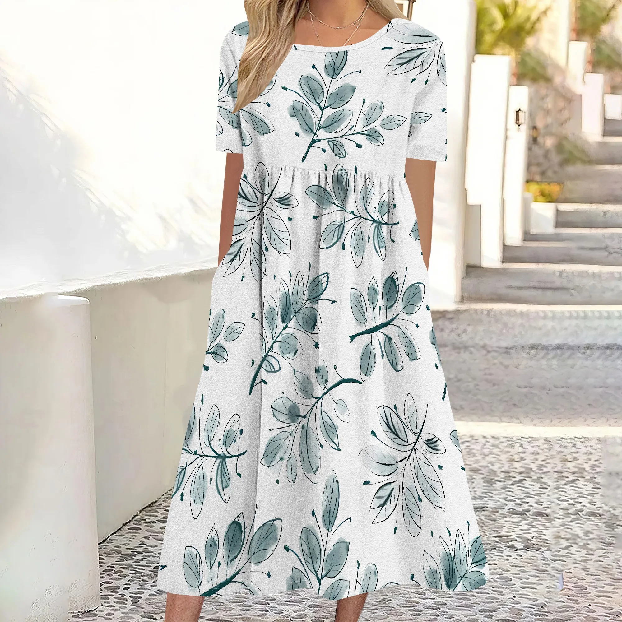 

EQQZD Crewneck Short Sleeve Midi Dress, Simple Leaves Print Dress with Pockets, Women's Summer Casual Dress