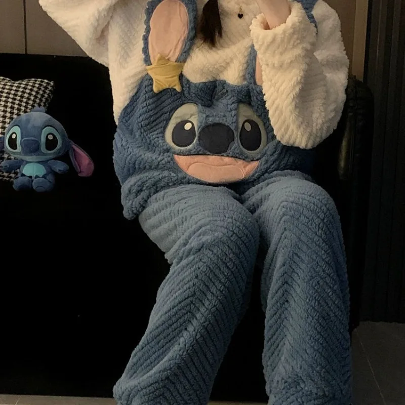 Disney-Pyjama de dessin animé doux et mignon, pyjama de la série Stitch, coeur girly chaud et épaissi, ensemble de vêtements de maison, automne et hiver, nouveau, Kawaii