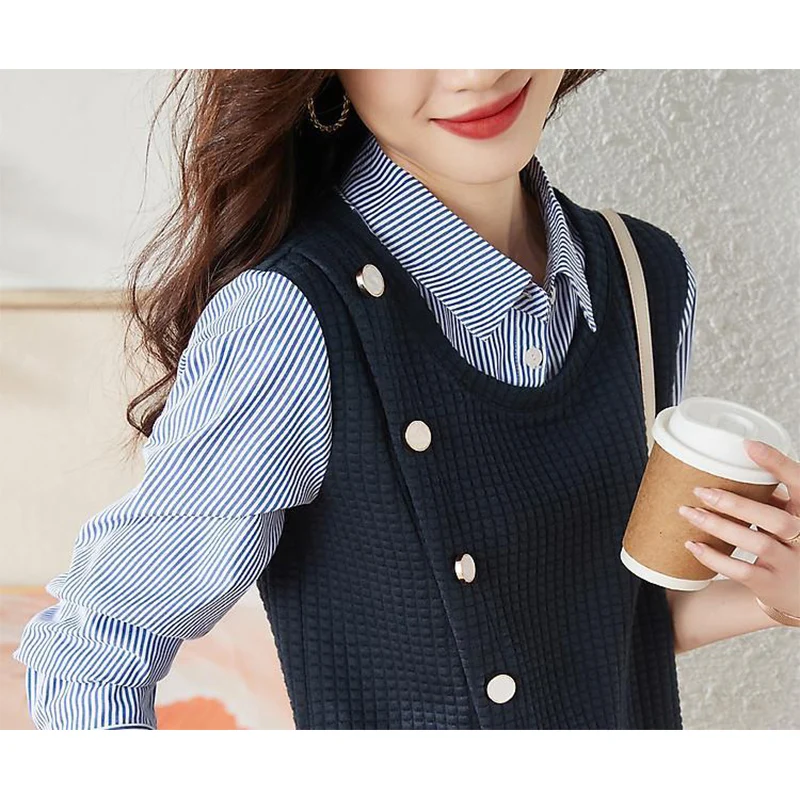 Spring Autumn New Polo-neck Vintage Striped Patchwork Shirt Ladies Long Sleeve Fake Two Pieces Casual Fashion Blouse Women\'s Top