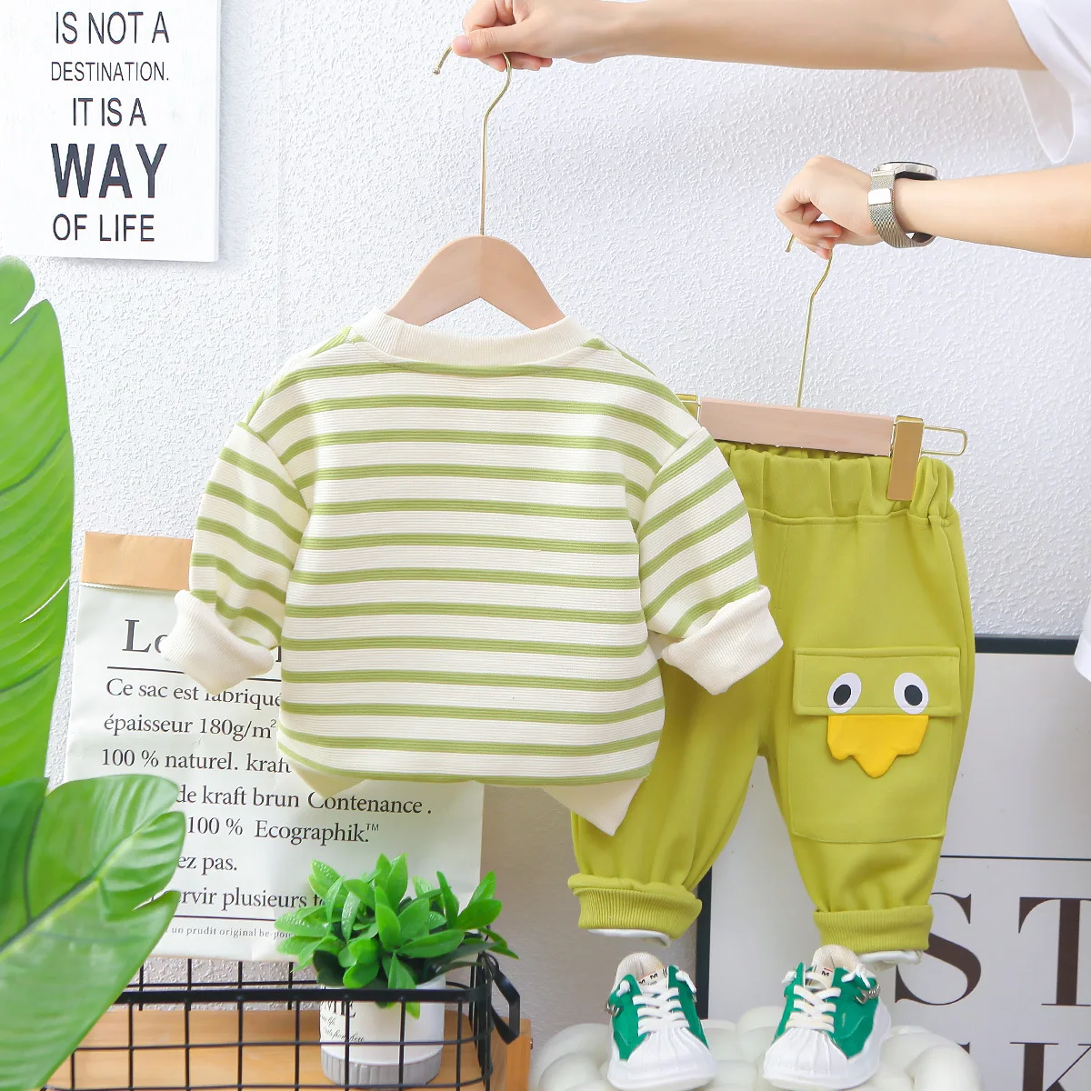 Spring Autumn Kids Boys 2PCS Clothes Set Cotton Striped Cartoon Pullovers Pocket Solid Pants Suit Toddler Boys Outfits