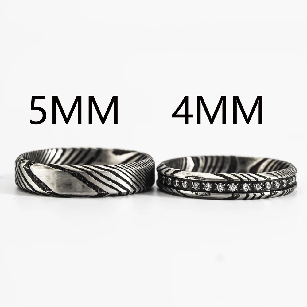 

Trendy Black Damascus Steel Mens Ring Vintage Style Stackable Geometric Ring With AAA+ Cubic Zirconia Gothic Wedding Jewelry