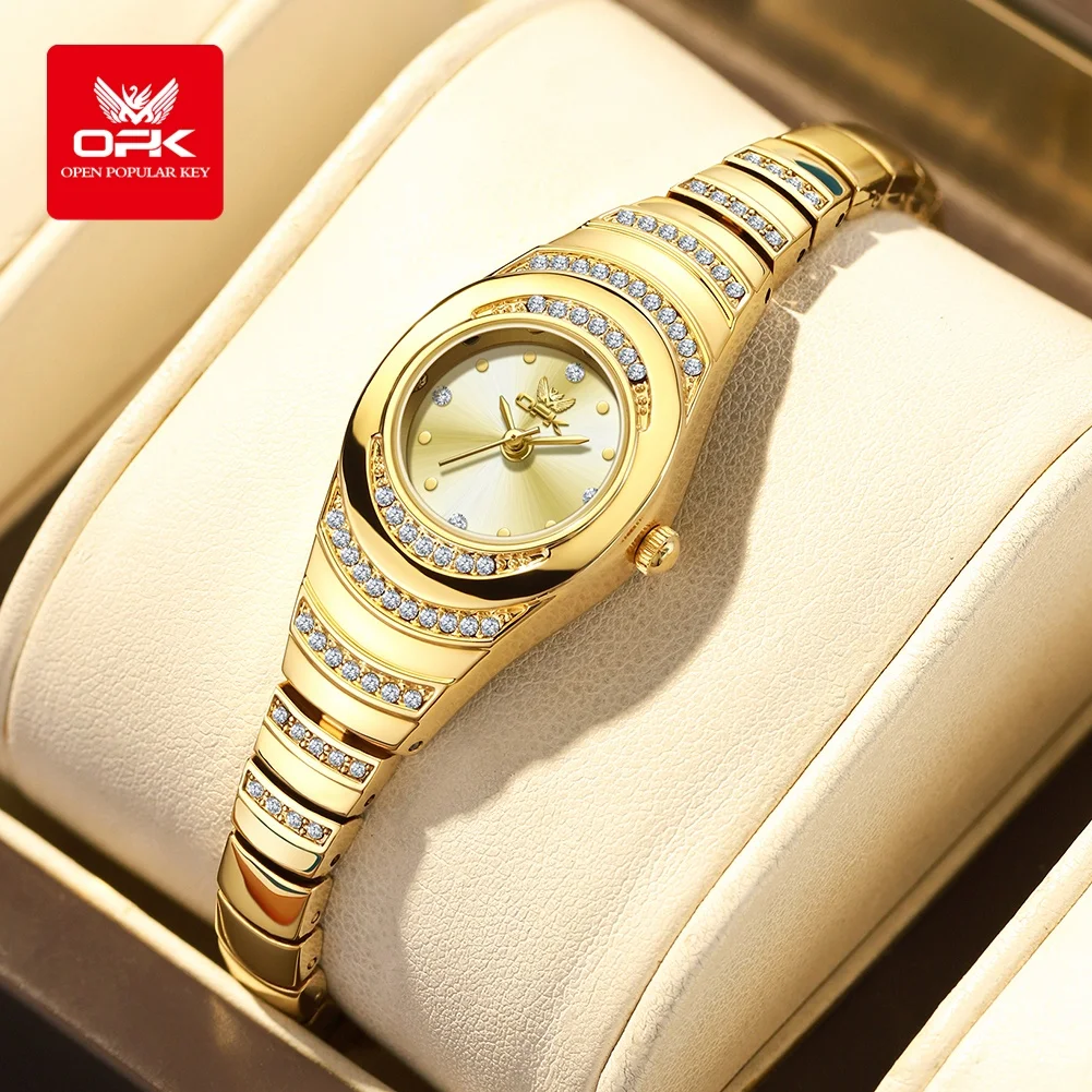 OPK 6069 Simple Fashion Original Quartz Movement Watch For Women Diamond Round Dial Stainless Steel Waterproof Zirconia Watch