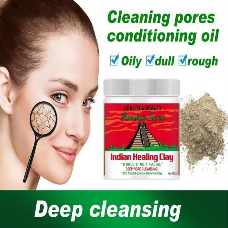 Indian Healing Clay Deep Pore Cleansing Facial & Body Mask Moisturizing Oil Control Acne Treatment Mask Powder Skin Care 453ml