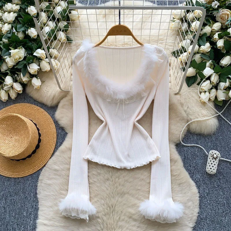 

Темпераментные женские топы, футболки для женщин, волосатые футболки с круглым вырезом и длинными рукавами, облегающие футболки, лоскутные кружевные футболки, корейские майки