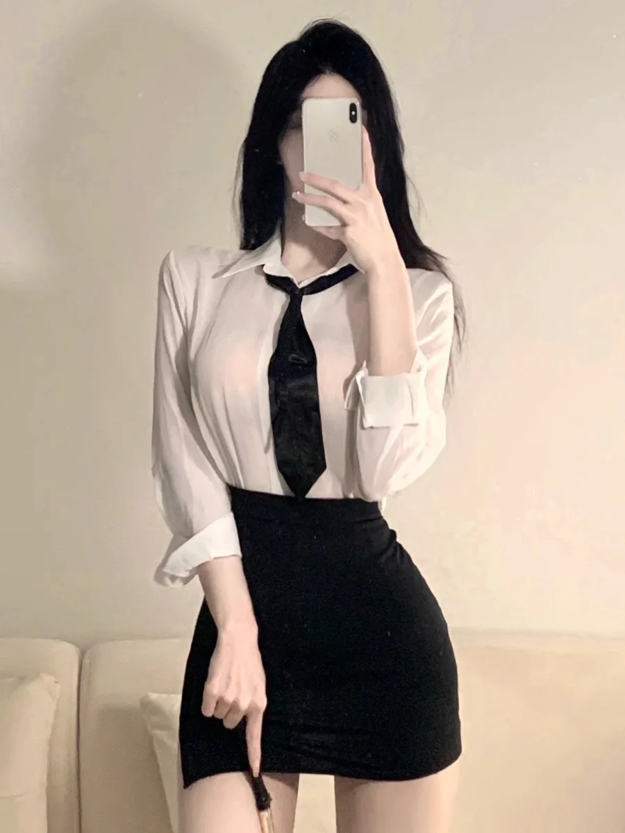 Sexy Office Cosplay Teacher Outfit OL Secretary See-through Semi-transparent Pure Desire Butt-hugging Uniform Set for Women