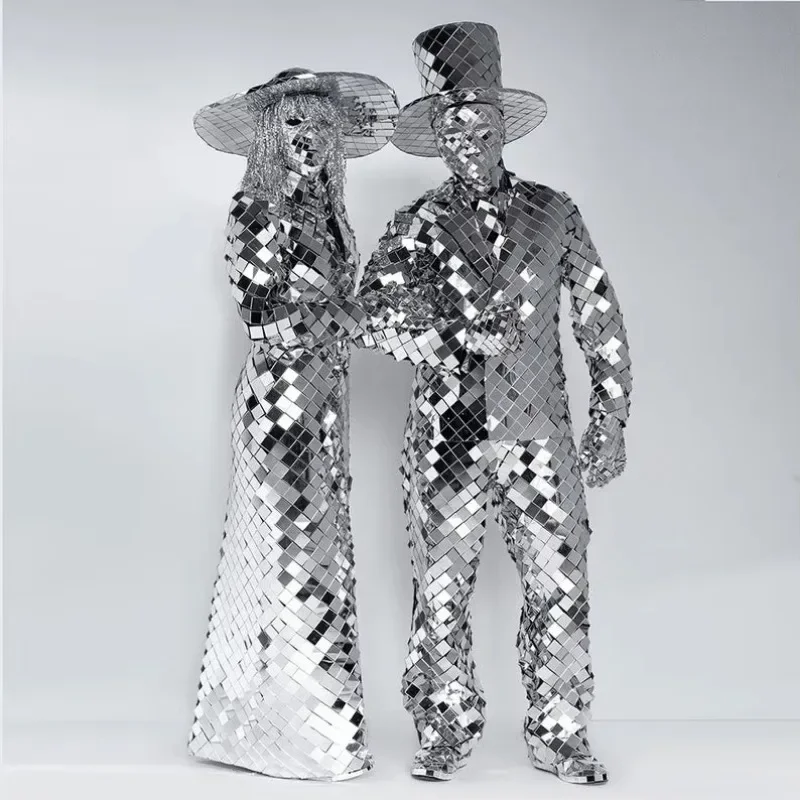 Disfraz Sexy para mujer, disfraz con espejo de cristal Led, conjunto de espejo de baile con casco de bola de discoteca