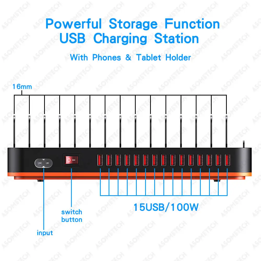 Estação de Carregamento Multi USB para Vários Dispositivos, Carregador para iPhone 12, 13 Pro Max, iPad, Samsung, Tablet, 15, 20 Portas, 100W