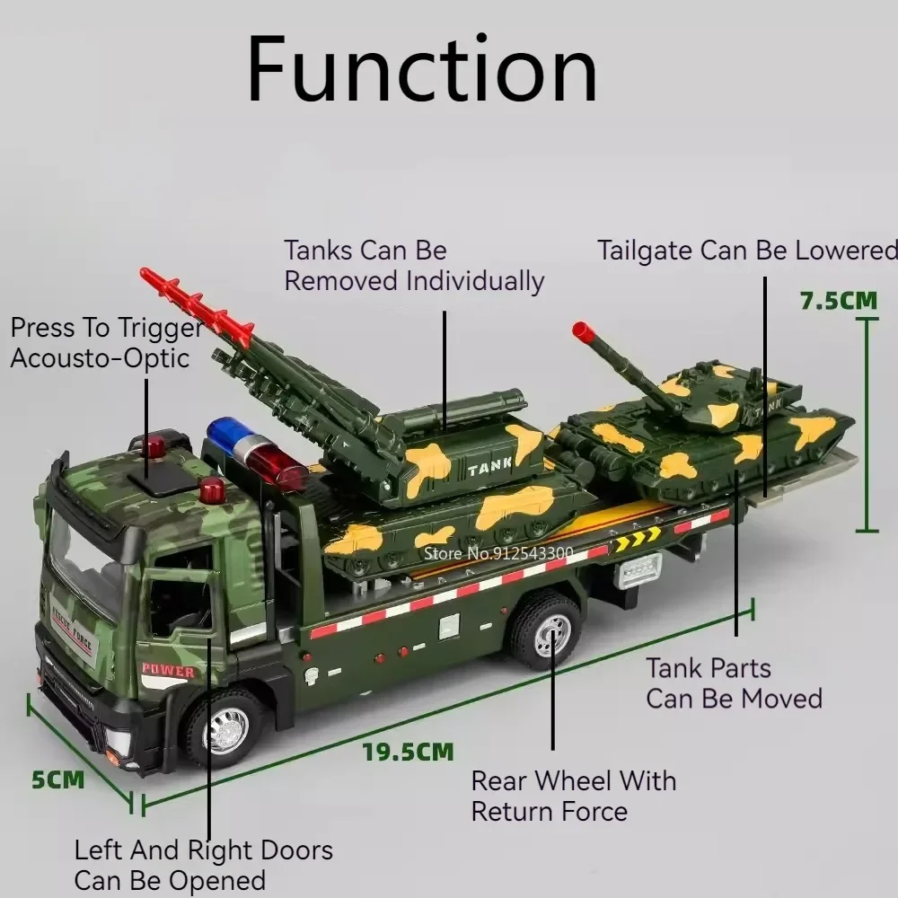 合金軍用戦車輸送玩具,ダイキャストメタルドア,オープン車両,音と光,子供へのギフト,1:32