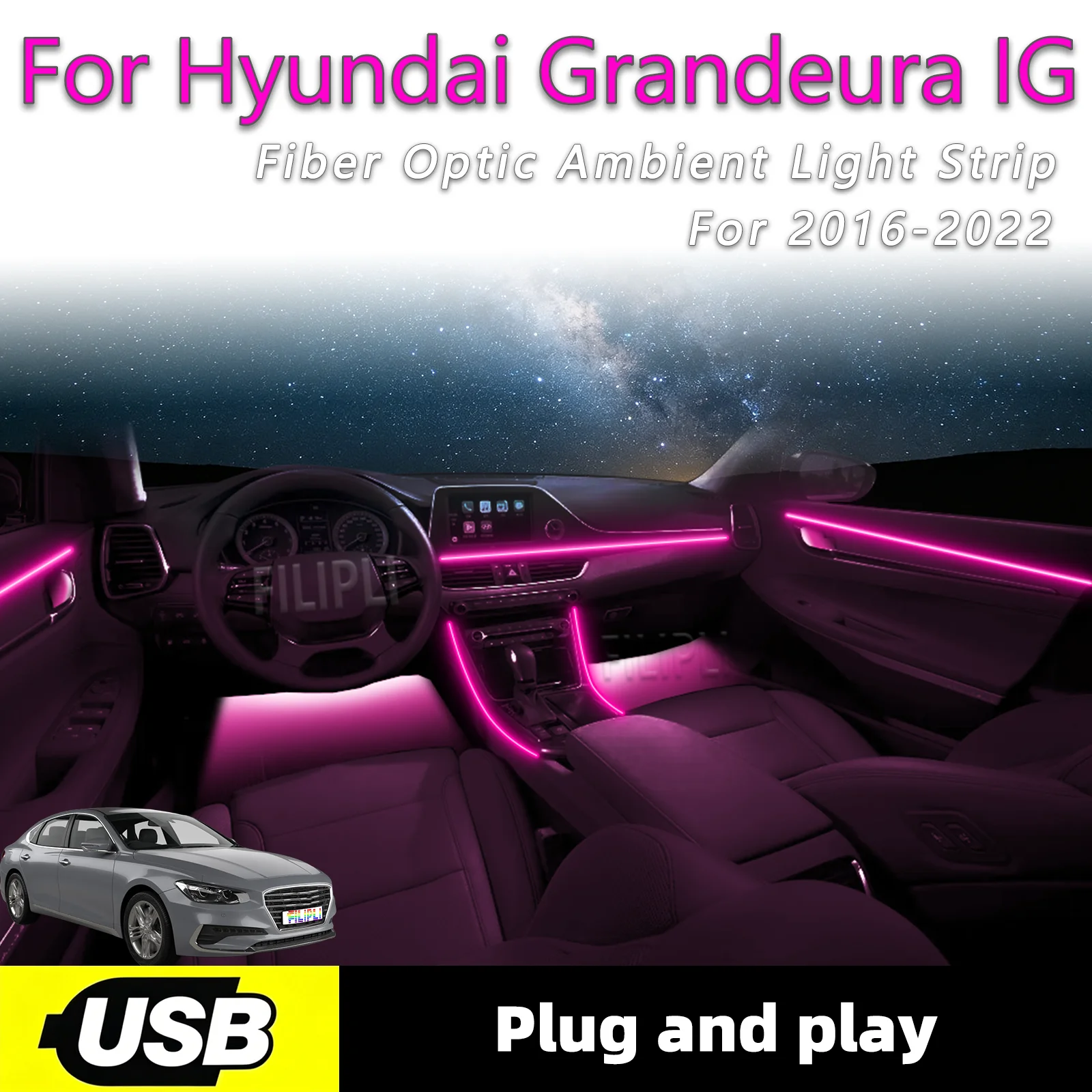 

Светодиодная подсветка салона для Hyundai Grandeur IG 2016-2022, 6 в 1, USB-интерфейс, оптоволоконная лента для интерьера автомобиля