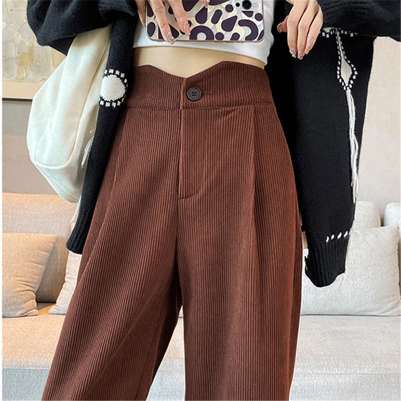 

Autumn Winter Corduroy Women's Wide Leg Pants 2024 New Button High Waist Solid Korean Vintage Loose Straight Full Pants Female