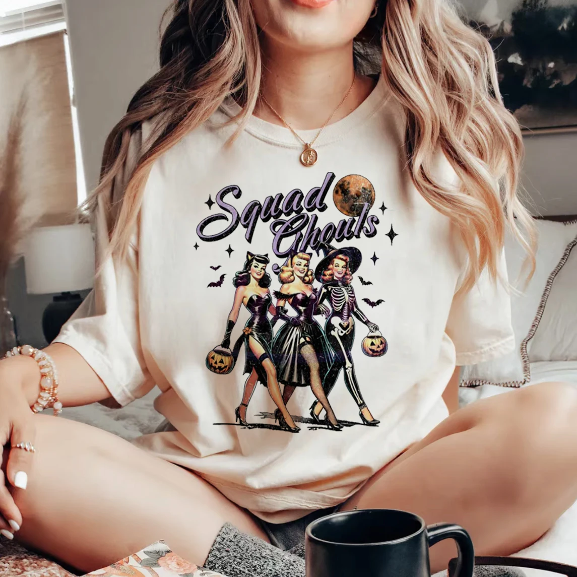 Retro Squad Ghouls Spooky Witches Printed T-Shirt Pattern Summer Women's Fun Cute Cartoon Style O-Neck Casual Style T-Shirt