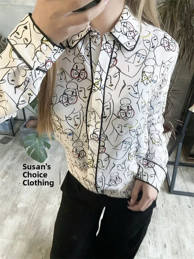 

Susan Ao Pure Original Faion Casual White fiti Silk Collar irt Women's Top Commute Sle Loose Fit Long Sve C...