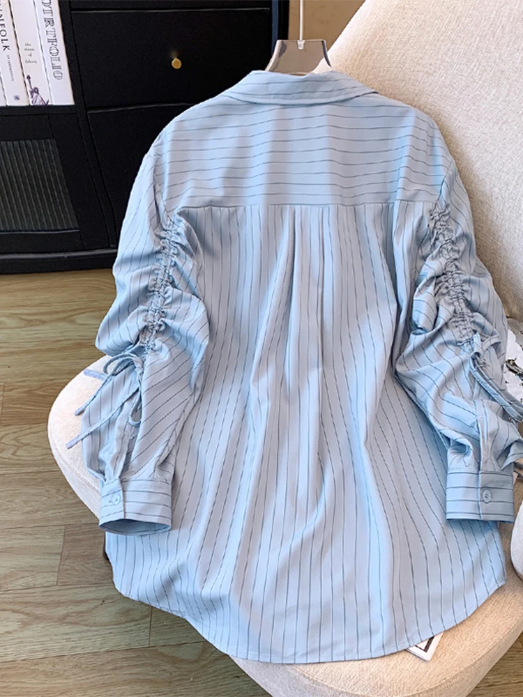 Women's Blue Striped Shirts and Blouses Vintage Y2k 90s Aesthetic 2000s Elegant Long Sleeve Shirt Japanese Fashion Clothes 2025