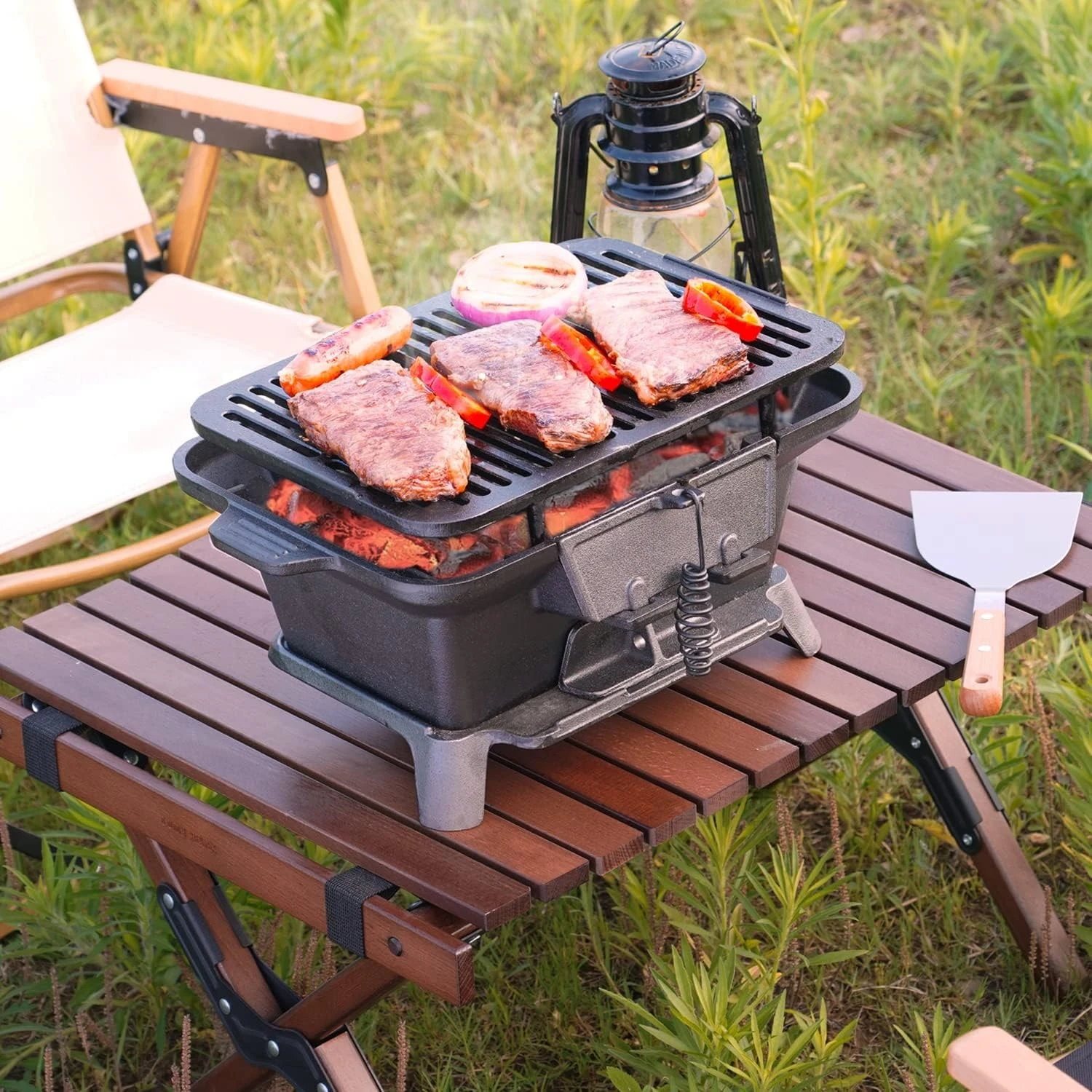 Portable Cast Iron Charcoal Grill, Small Hibachi Yakitori Barbecue Cooker For Outdoor Camping Patio Picnic Tabletop, Dual Height Air Control, Traditional Style, Black, Single Piece