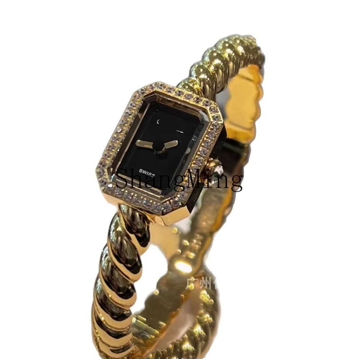 

DSA Small Fragrant Wind Square Black Gold Sugar Cube Retro Chain Braided Quartz Women's Watch