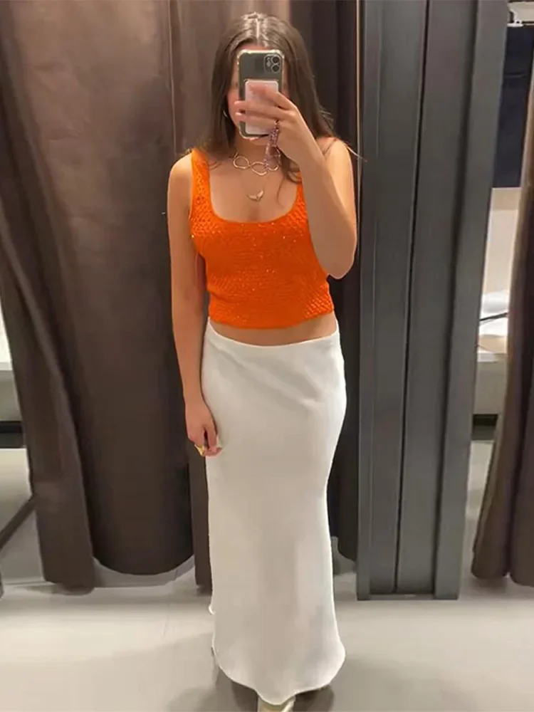 Women Fashion Orange Knitted Sequins Cropped Tank Tops Sexy U Neck Sleeveless Backless Slim Fit Vests Y2K Streetwear Camis