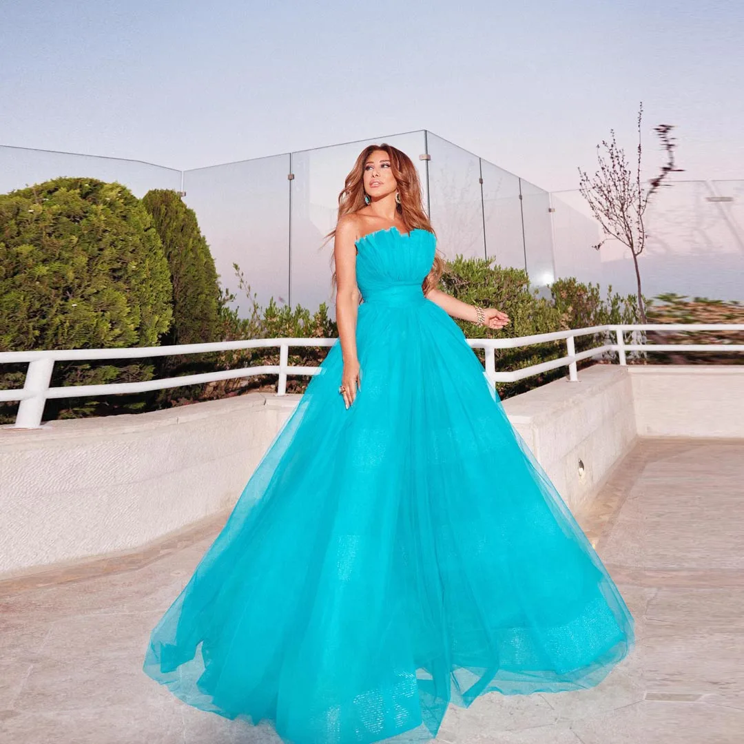 Shiny Turquoise Blue Prom Dress Long Tulle A Line abiti da ballo Floor Length Strapless Elegant Evening Gowns Robes Dubai