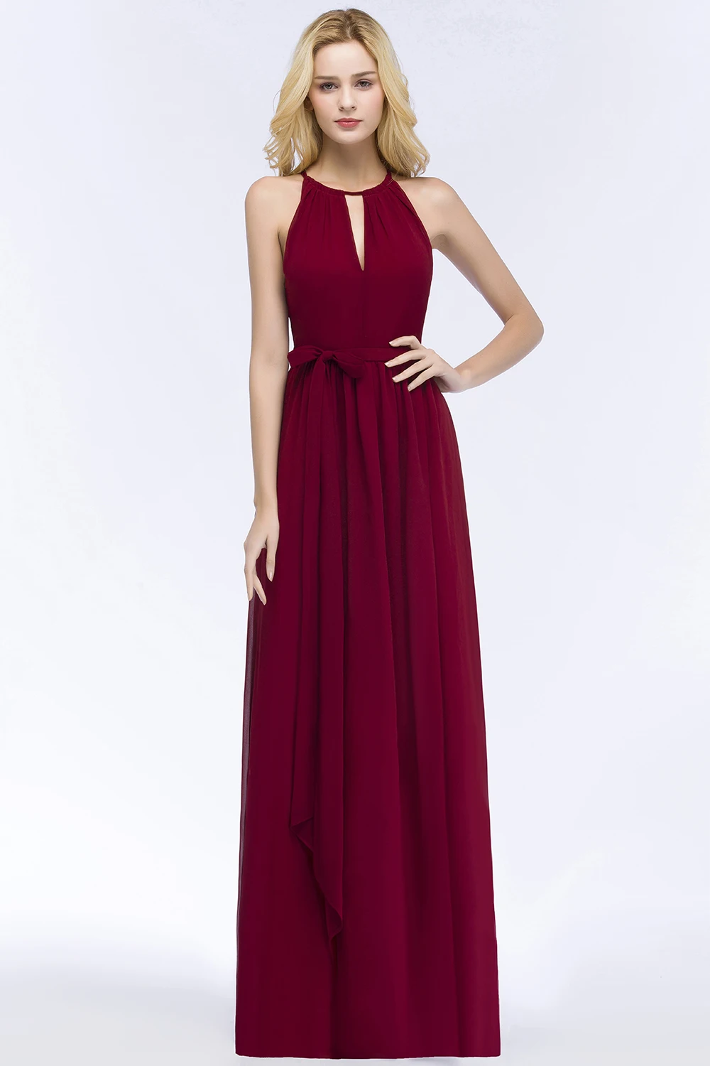 

MisShow Basic Evening Dresses Hollow Collar Sleeveless Halter Sashes Prom Dress Chiffon A-Line Floor-Length Pleated Empire Gowns