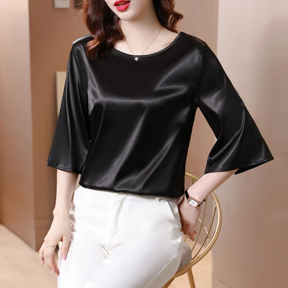 New Summer Loose Satin Shirts Women Vintage Split Sleeve O-Neck Women Blouses Simple Fashion Female Casual Tops Elegant Clothing