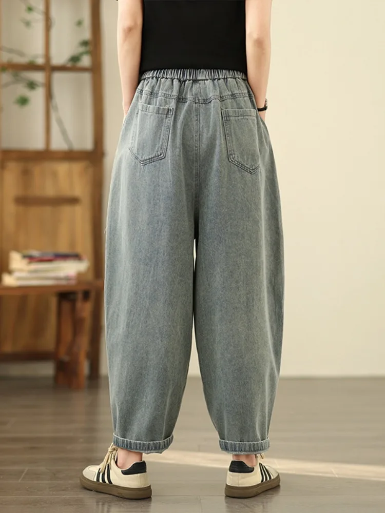 Celana Jeans Wanita Ukuran Besar Model Retro, Pinggang Elastis, Model Harlan, Celana Panjang Pelangsing, Celana Kasual Pinggang Tinggi untuk Musim Panas