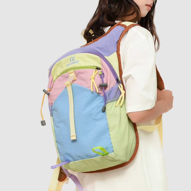 Color Block Rucksack Men Women Outdoor Hiking Travel Bag Lightweight Nylon Sport Bag with Chest Strap and Water Bottle Pocket