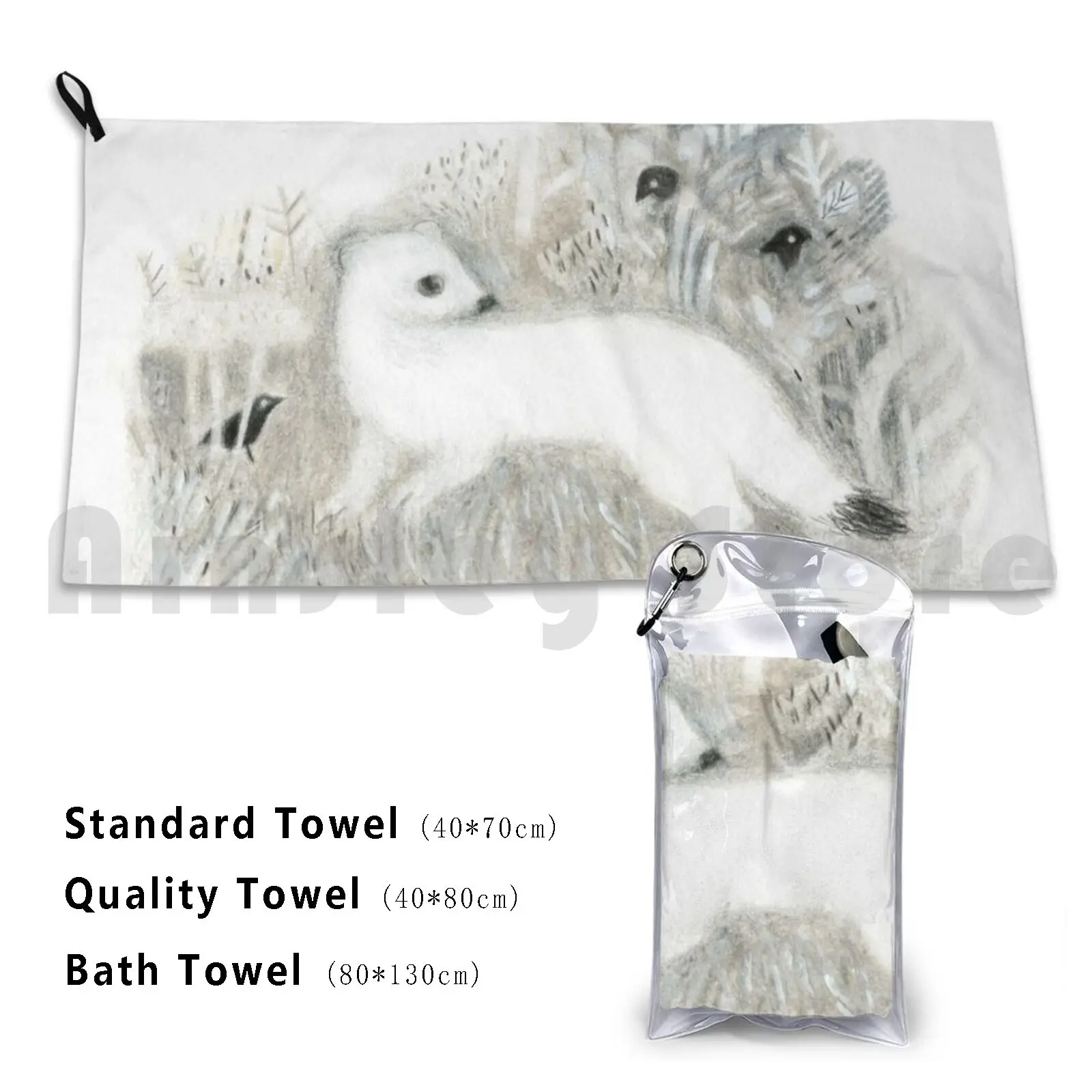 Hide And Seek Bath Towel Beach Cushion Animals Ermine Birds Nature Wildlife Woodland Greys Black White