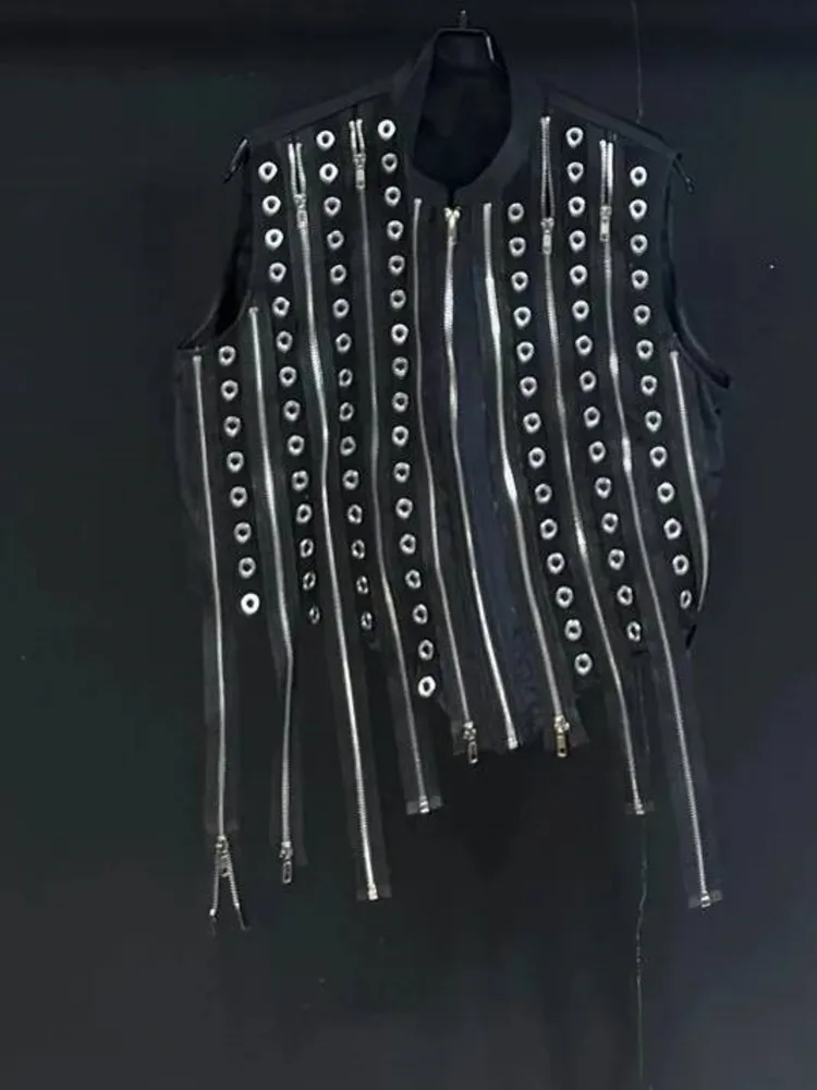 Stand Collar Eyelet Rivet Multi Zip Irregular Hem Waistcoat Mens Sleeveless Niche Punk Dark Gothic Autumn New Vest FV4F