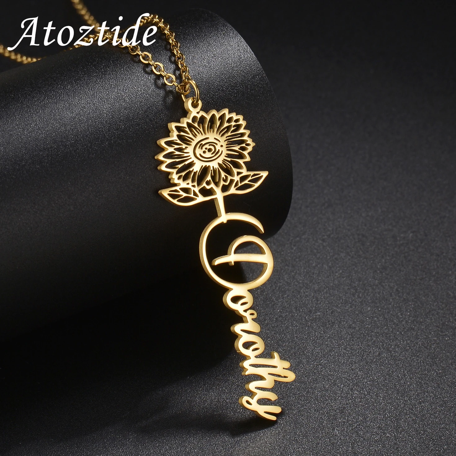 Atoztide Personalized Custom Sunflower Name Necklaces for Women Stainless Steel Pendant Clavicle Chain Birthday Jewelry Gift