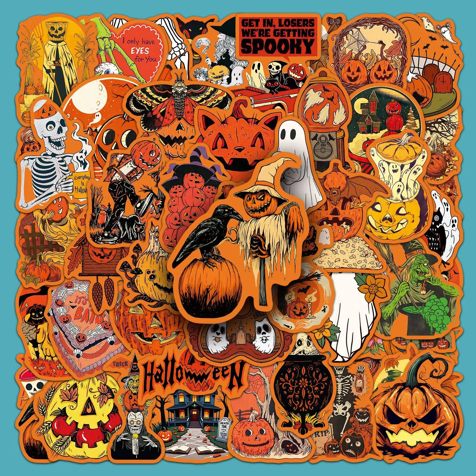 

50PCS Retro Style Halloween Pumpkin Head Horror Festive Orange Doodle Decorative Water Cup Laptop Waterproof Sticker Kid's Toy