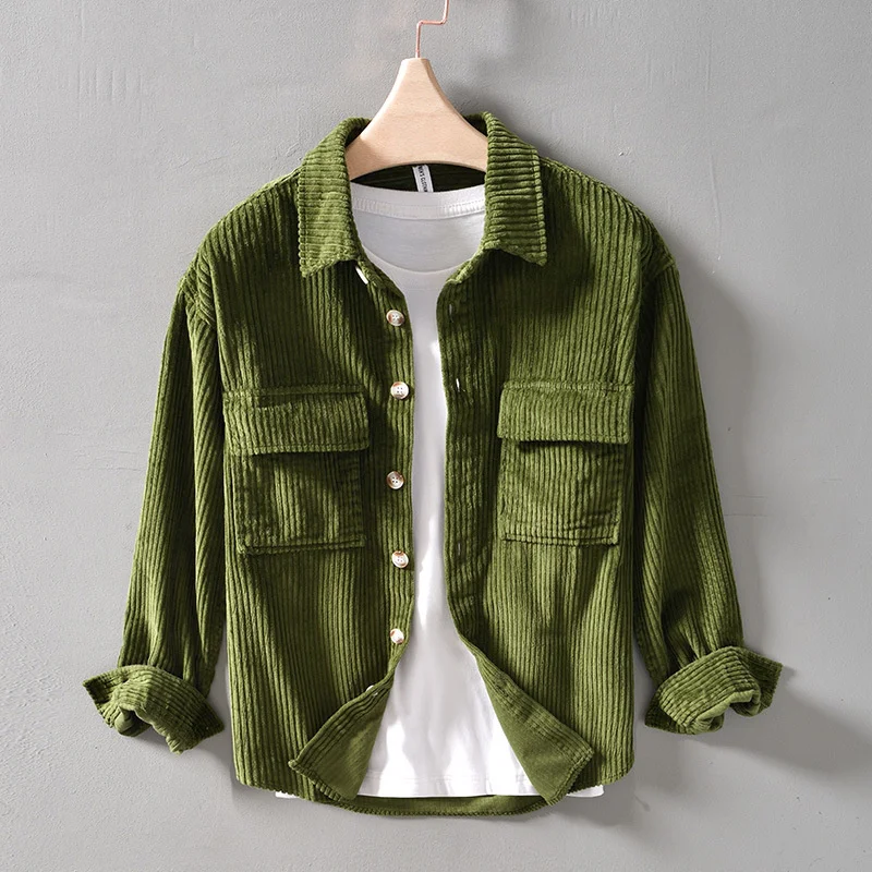 

#7611 Blue Khaki Green Corduroy Shirt Men Long Sleeve Cotton 100% Outerwear Vintage Shirt Pockets Buttons Cargo Shirt Male Loose