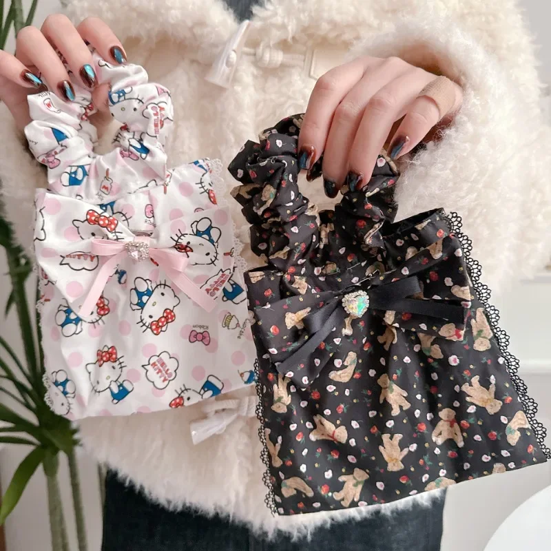 

Hello Kitty Anime Kawaii MINISO Print Children Handle Handbag Cute Cartoon Kt Cat Portable Storage Bag Lovely Ins Gifts for Girl